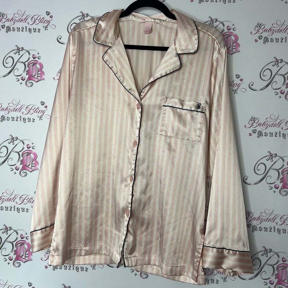 Victoria secret long sleeve button up pj Striped Shiny Pajama Top